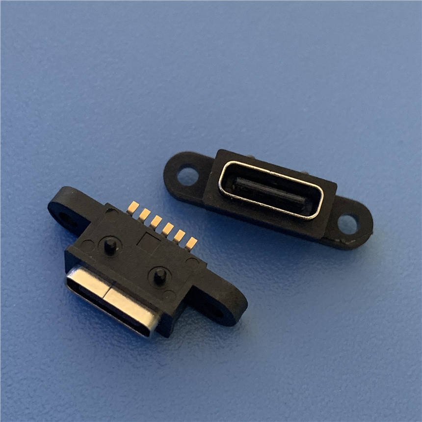 TYPE-C 6P防水母座 带双耳螺丝孔USB 3.1 6P贴片防水插座 IP67防水等级