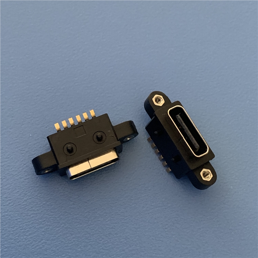 TYPE C6P防水母座 带双耳 USB 3.1 6P贴片防水插座 带螺丝孔 IP67防水